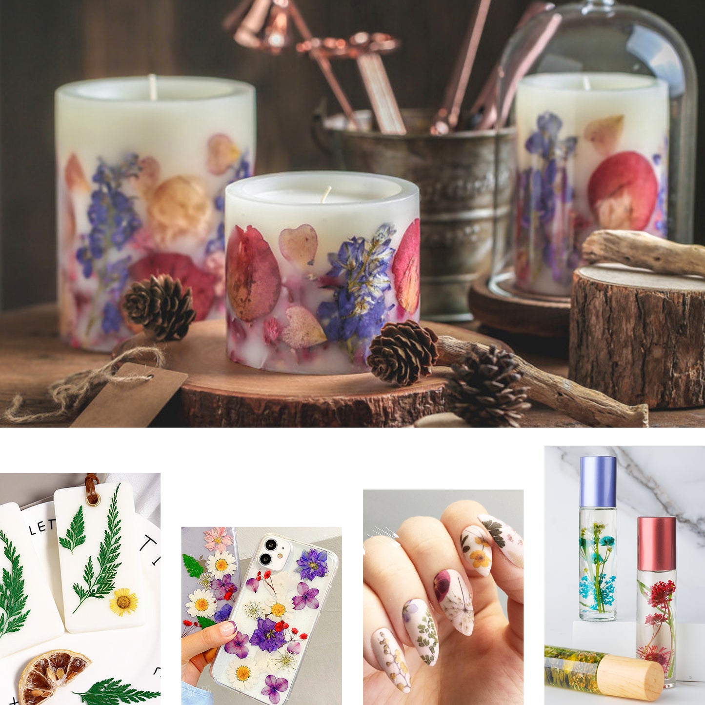 96PCS Real Pressed Dried Flowers with Leaves Natural Warm Color Set, Multiple
