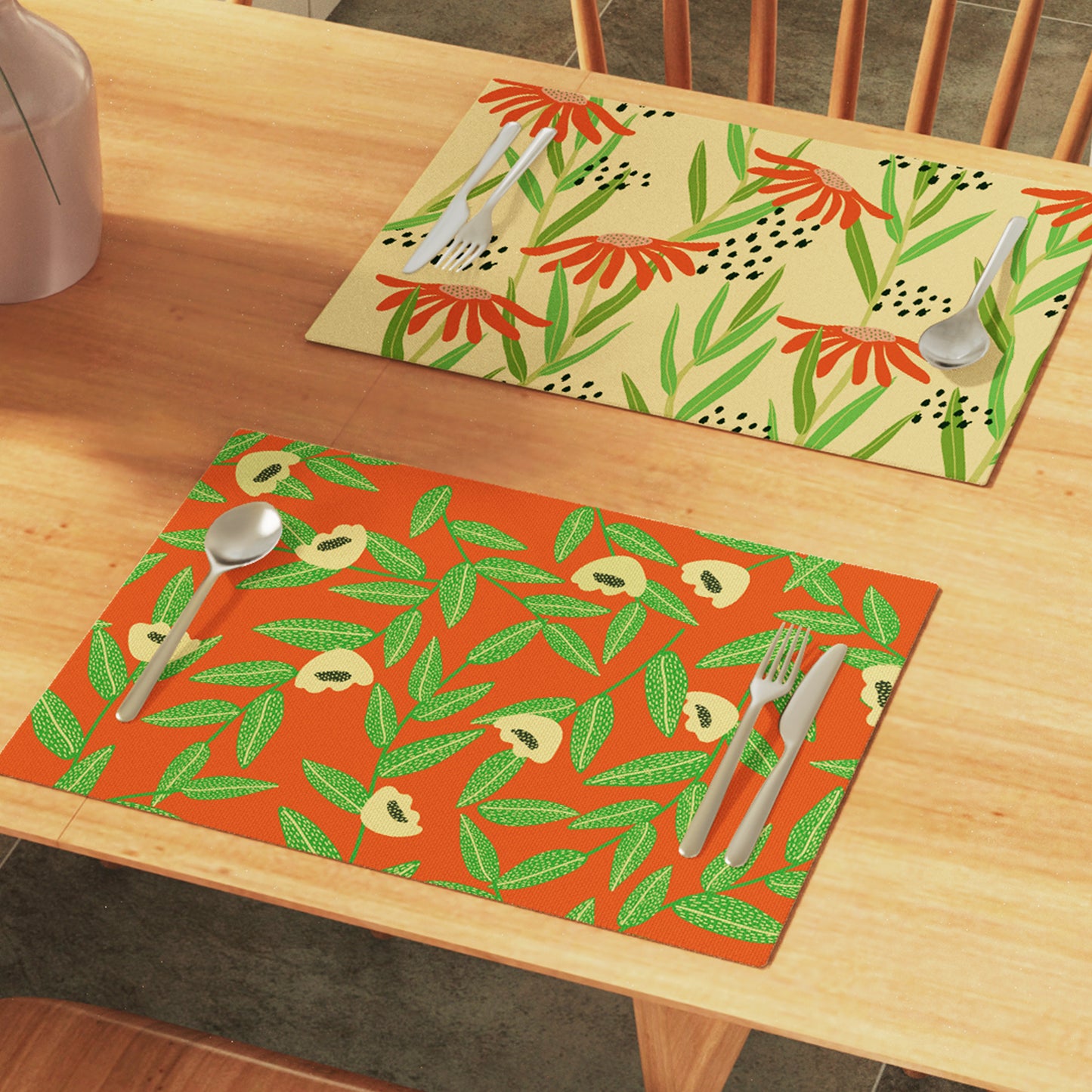 Pure Linen Placemats Set of 6 with Double-Sided Spring Floral Patterns Mashine
