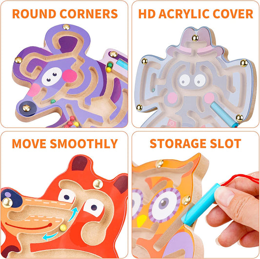 Wooden Magnetic Maze Toy 4PC 7''x8'' Animal Interactive Puzzle Game Board Kid 3+