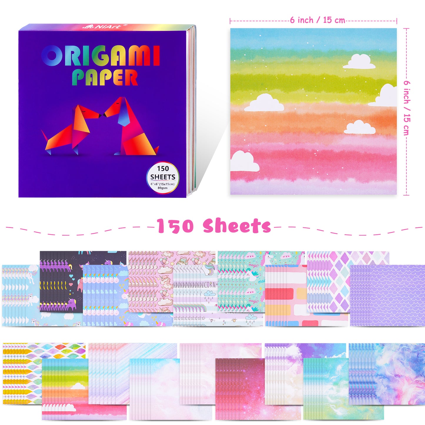 Origami Paper Kit 150 Sheets Double-Sided 6x6 inch, 18 Beautiful Designs, 36 P