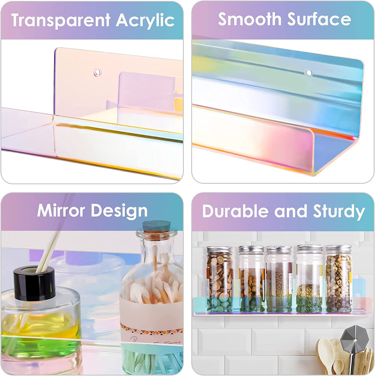 Iridescent Wall Mount Clear Acrylic Floating Shelves 2PCS 15" Thick Wall Ledge