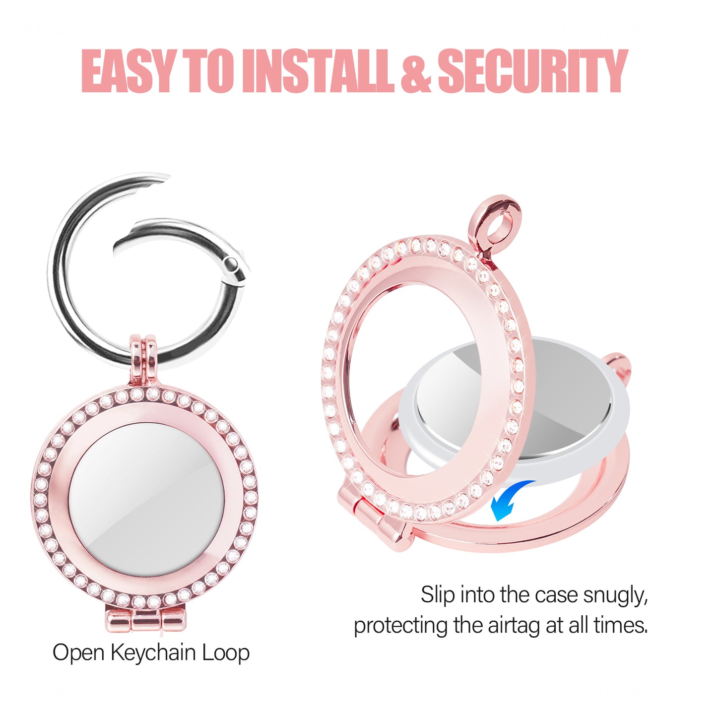 (Case Only) Alloy Metal Rhinestone Protective Case for Apple AirTag (Rose Gold)