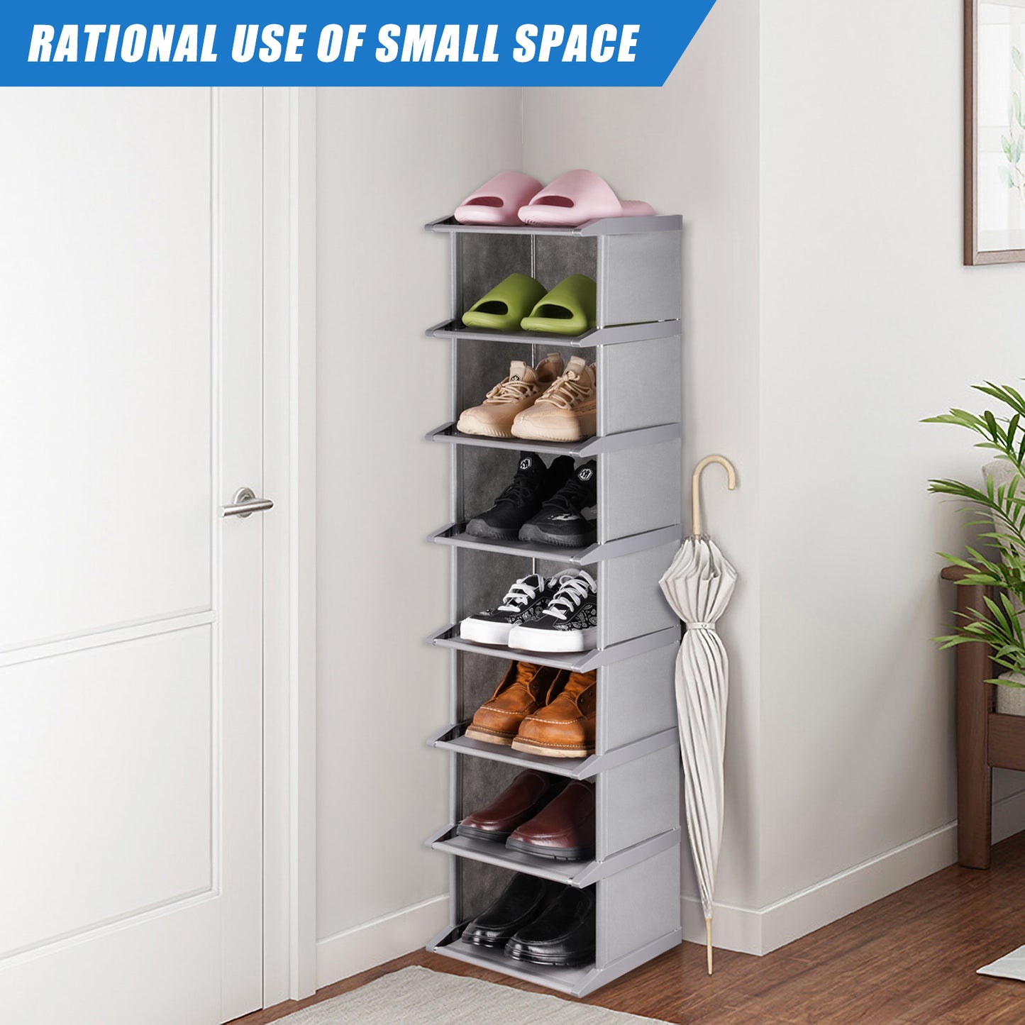 8-Tier Shoe Rack Tall Narrow 12"x11"x48" Lightweight Space-Saving Shelf Storage