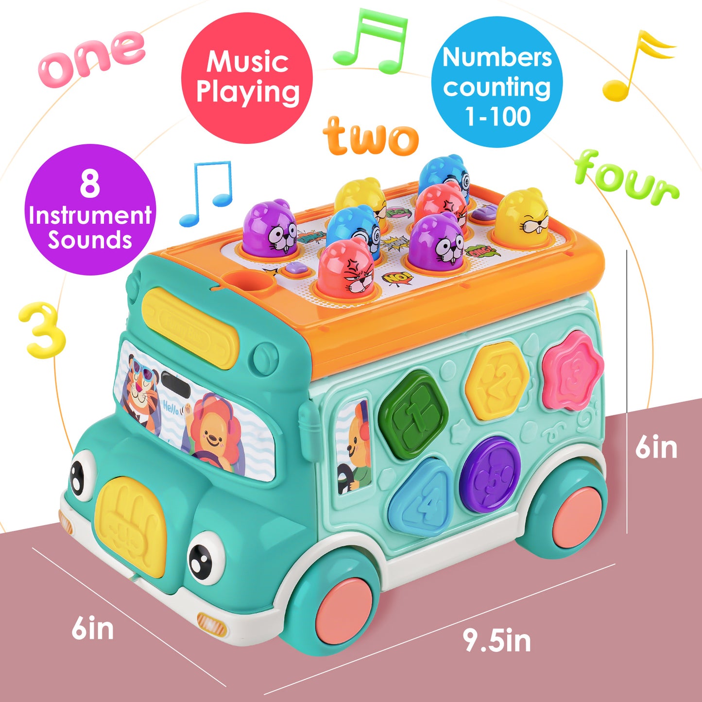 Pull Bus Toy with Lights & Sound, Musical Learning Toys for Toddlers 3+