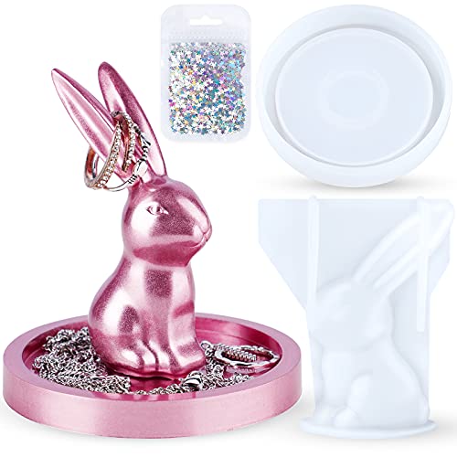 NiArt Resin Casting Silicone Molds 2PCS 3D Bunny Ring Holder+Green Laser Sequins