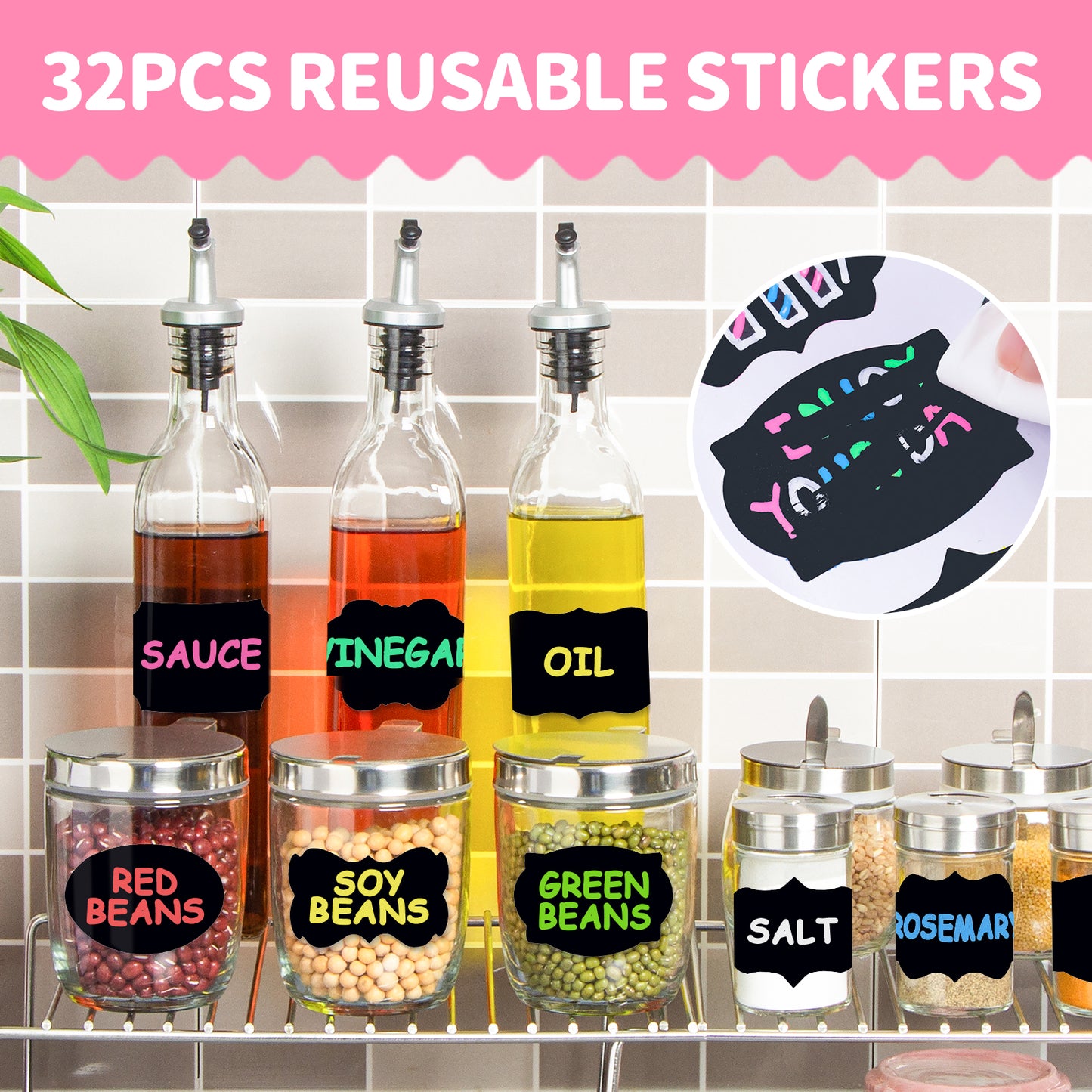 12 Colors Liquid Chalk Markers with 32PCS Chalkboard Stickers Kit, Glass Marke