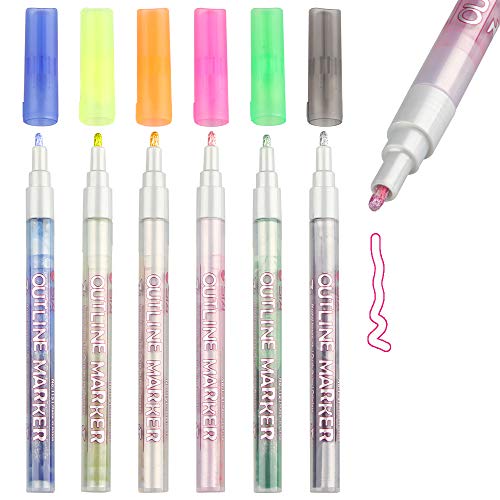 Super Squiggles Self-outline Markers Metallic Pens, 6 Colors 2mm Nylon Tip