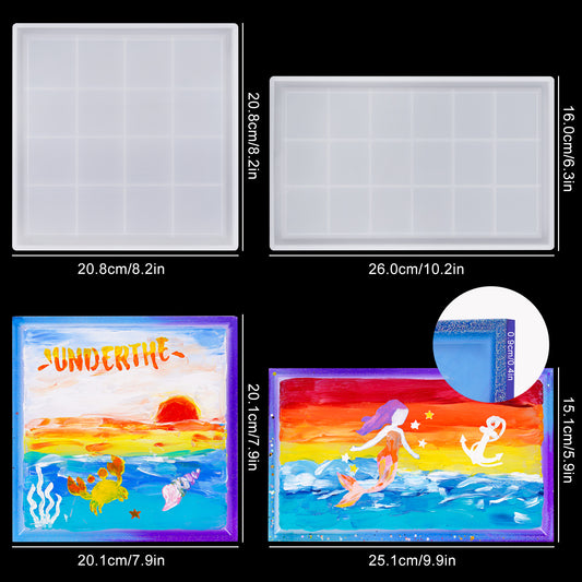 2PCS Large Rolling Trays Epoxy Resin Casting Silicone Mold Kit Rectangle+Square