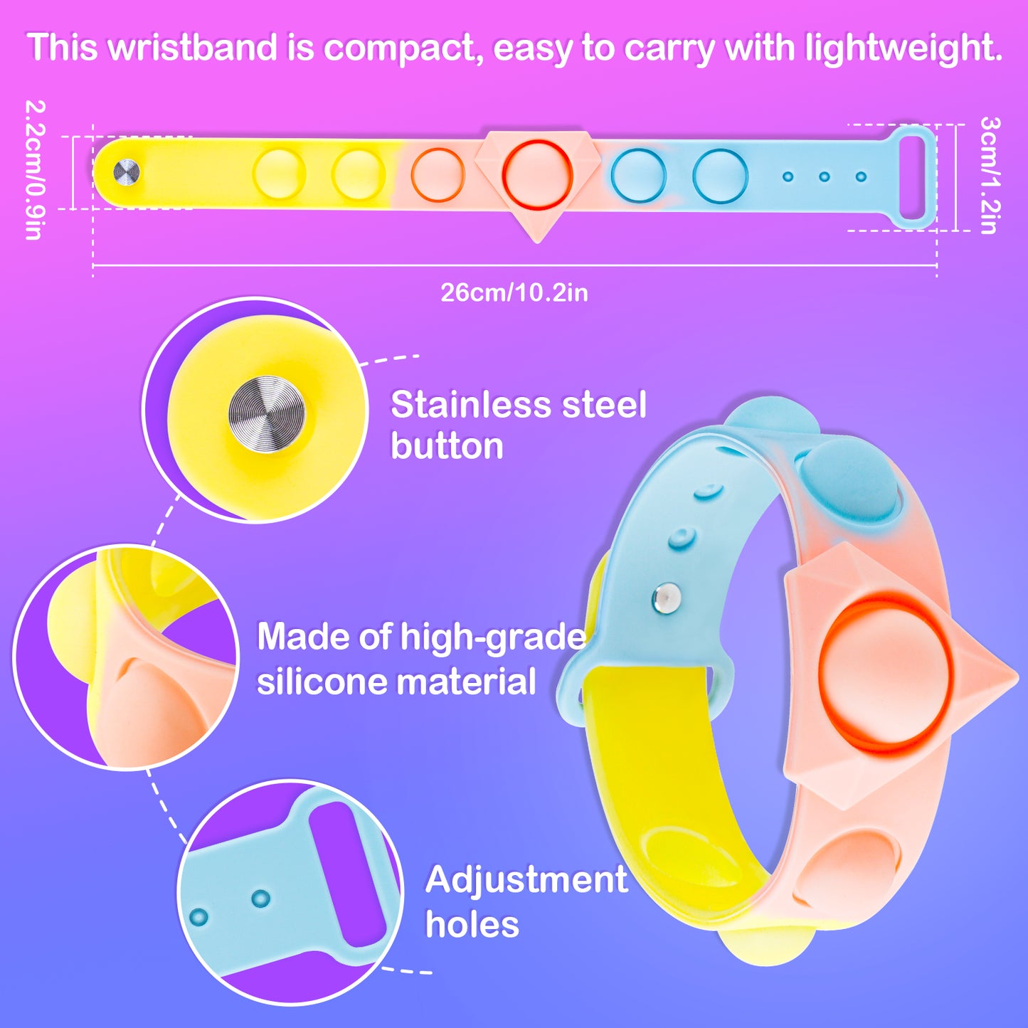 2-Pack Silicone Push Pop Bubble Wristband Fidget Sensory Toys, Macaron Multi-C