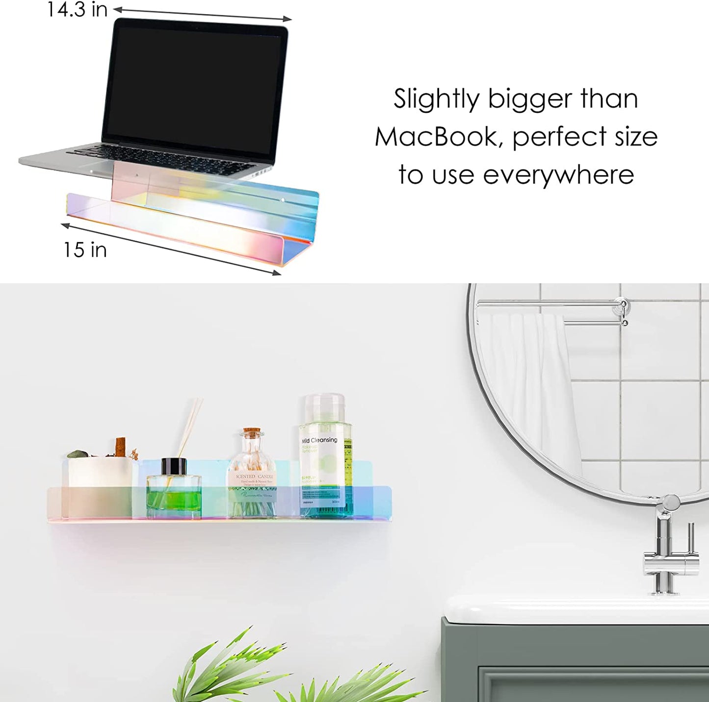 Iridescent Wall Mount Clear Acrylic Floating Shelves 2PCS 15" Thick Wall Ledge