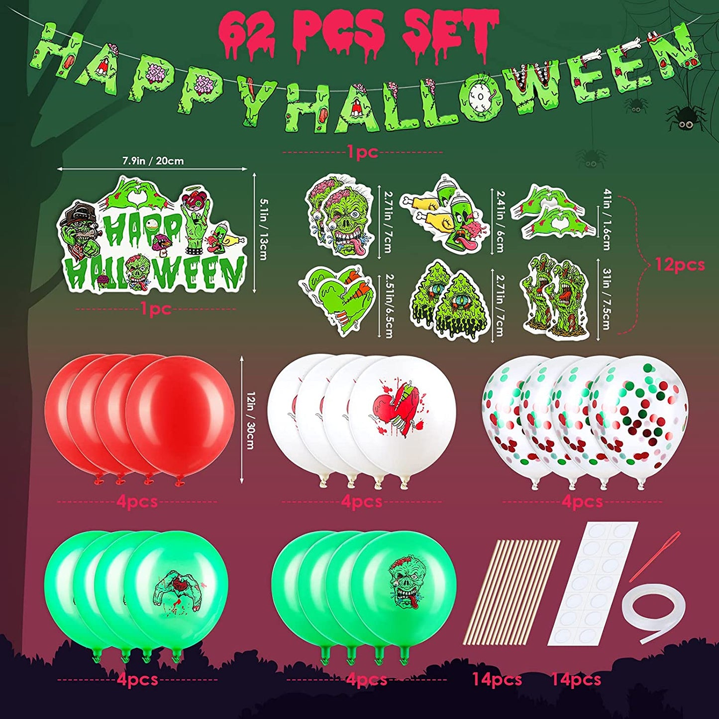 62PC Halloween Zombie Party Supply Kit Zombie Theme Happy Halloween Party Banner