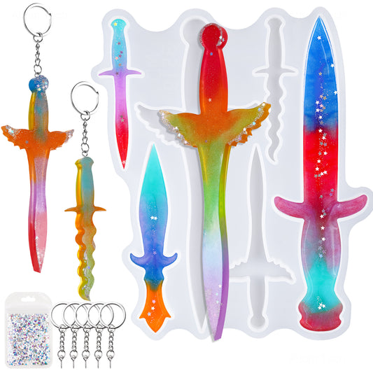 Epoxy Resin Silicone Mold Kit+5PCS Keychain Rings+Glitter, 6 Different Shapes