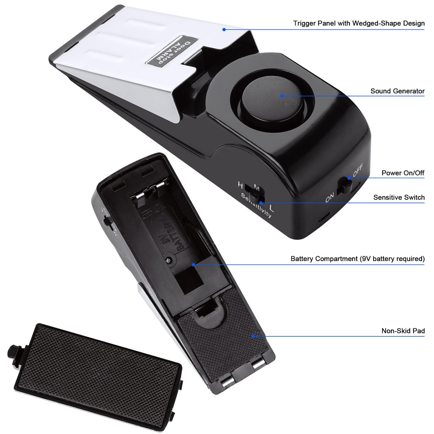 2-In-1 Portable Door Stop Kit Portable Floor Wedge Security Alarm 120db Entran