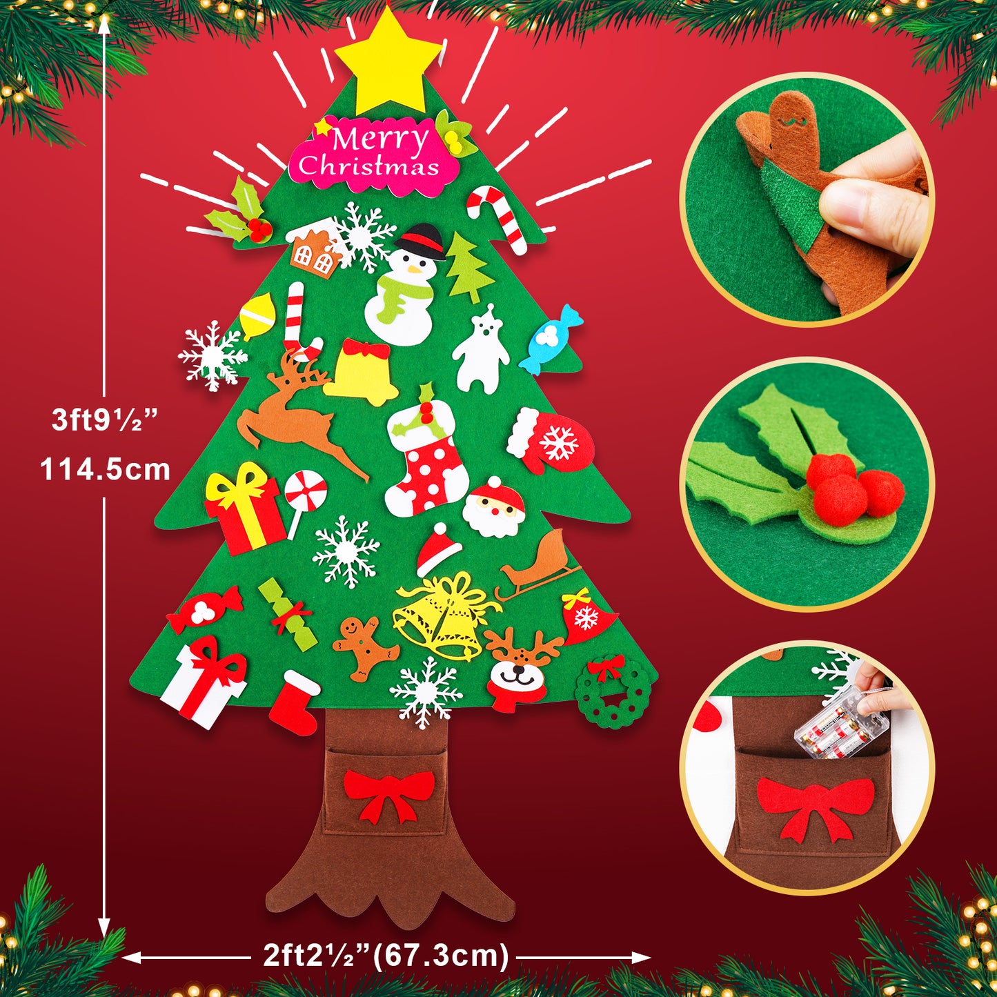 DIY Christmas Tree Felt Toy LED String Lights Decoration 37PCS Door Wall Hanging