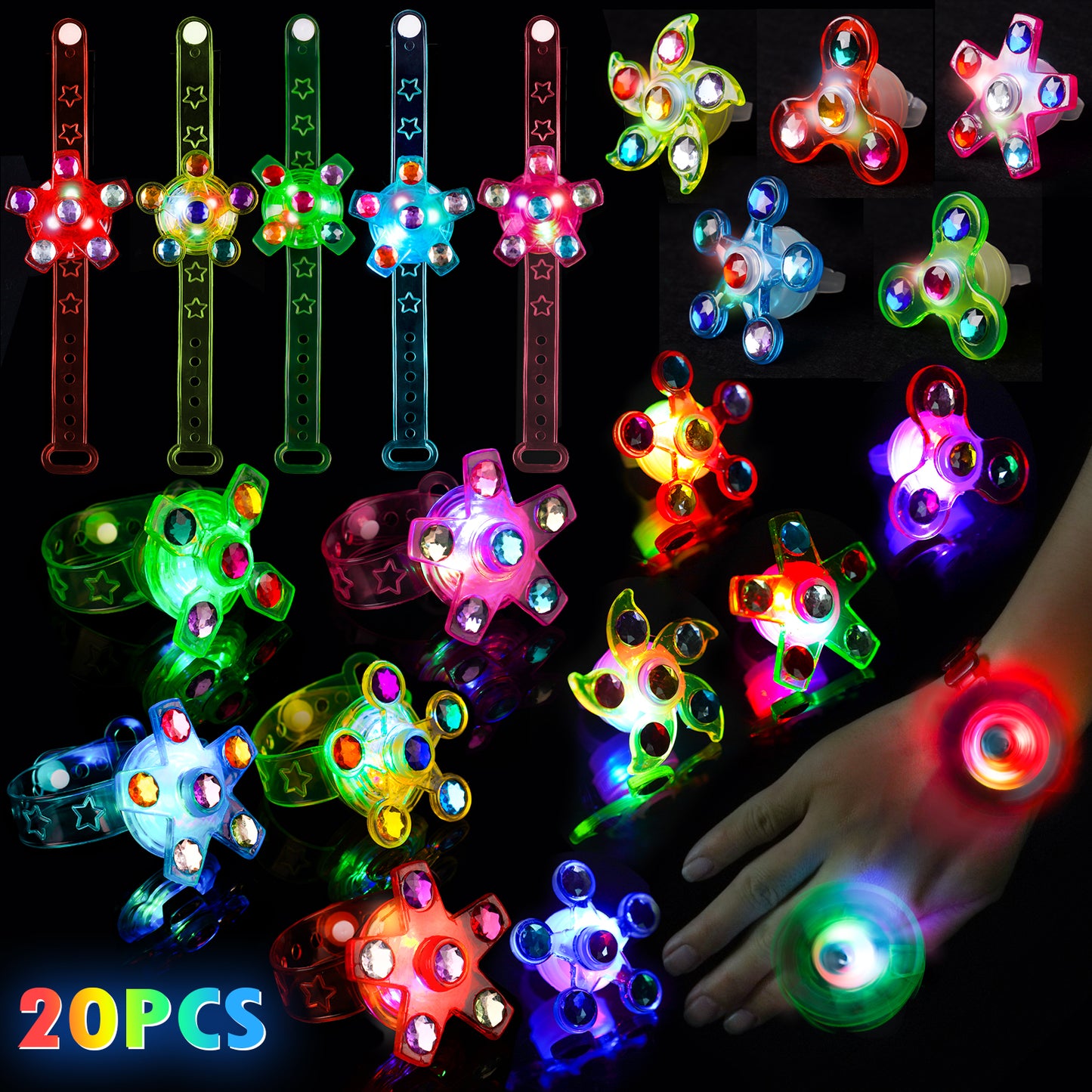 LED Light Spinner Toy Party Favor 20PCS (10 Rings+10 Bracelets) Glow In The Dark