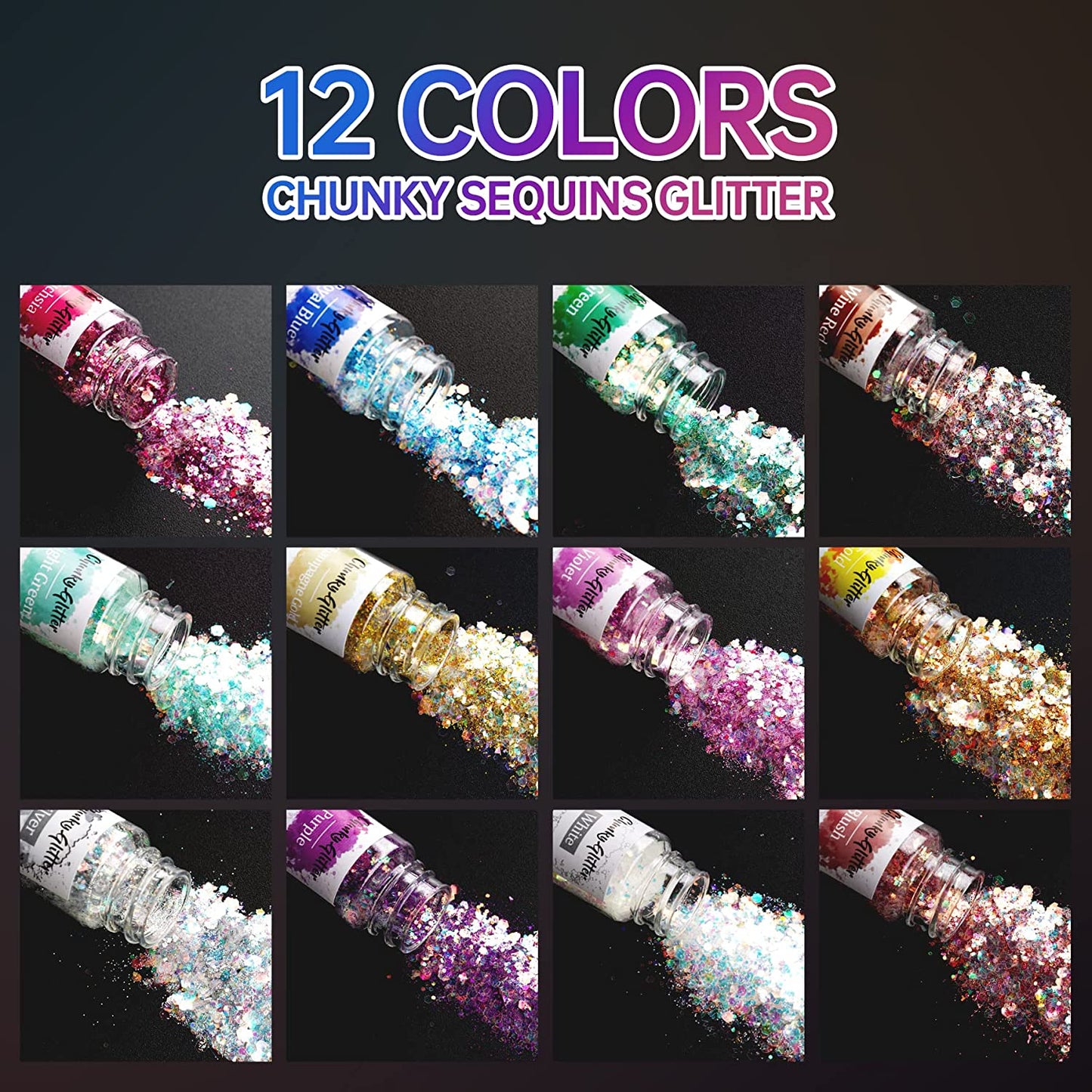 Holographic Chunky Glitters 12 Colors Sequins DIY Art Craft Cosmetic 0.35oz Each