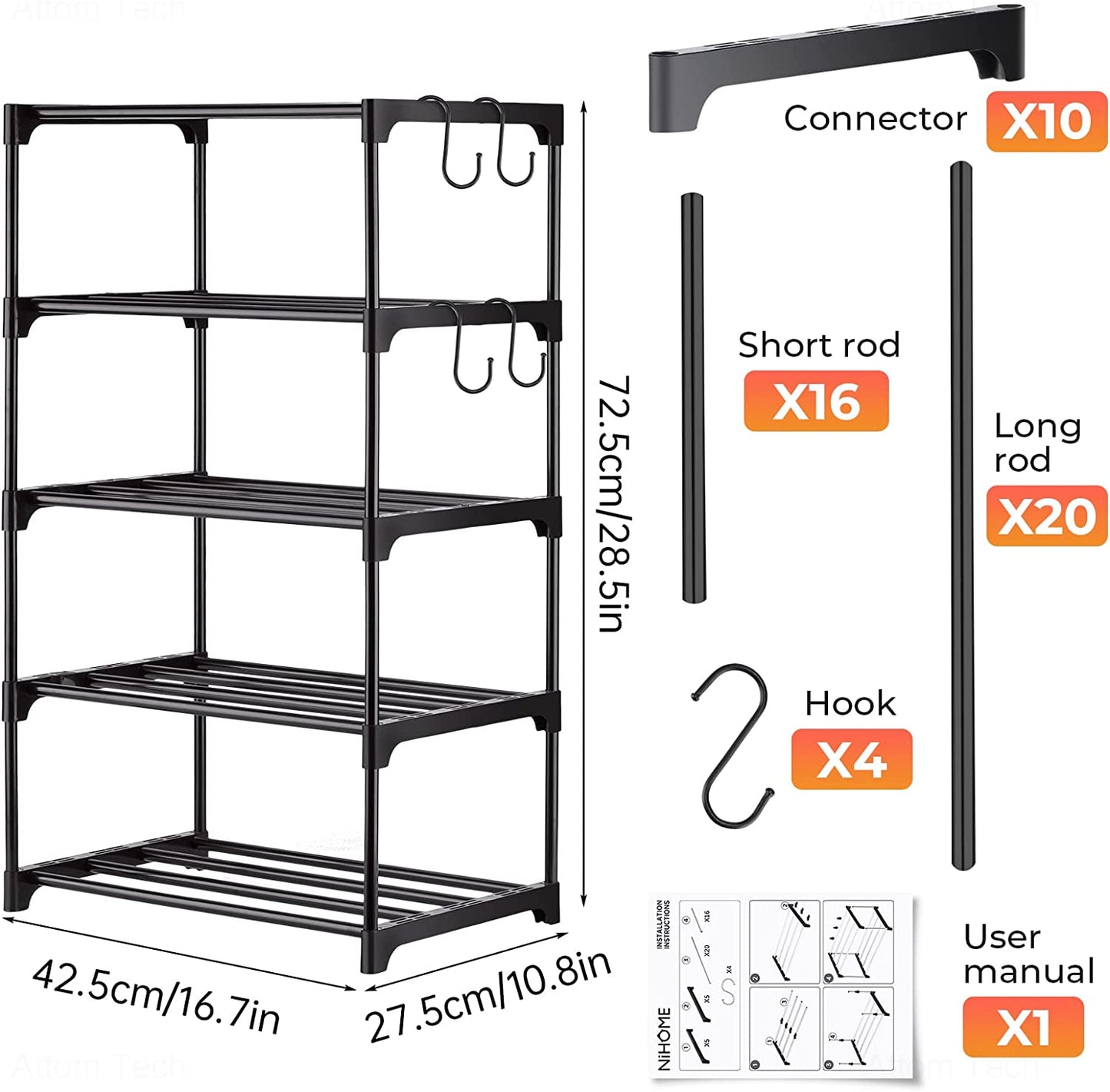 Shoe Rack 5-Tier Stackable Lightweight Space Saving Metal Organizer 10 Pairs