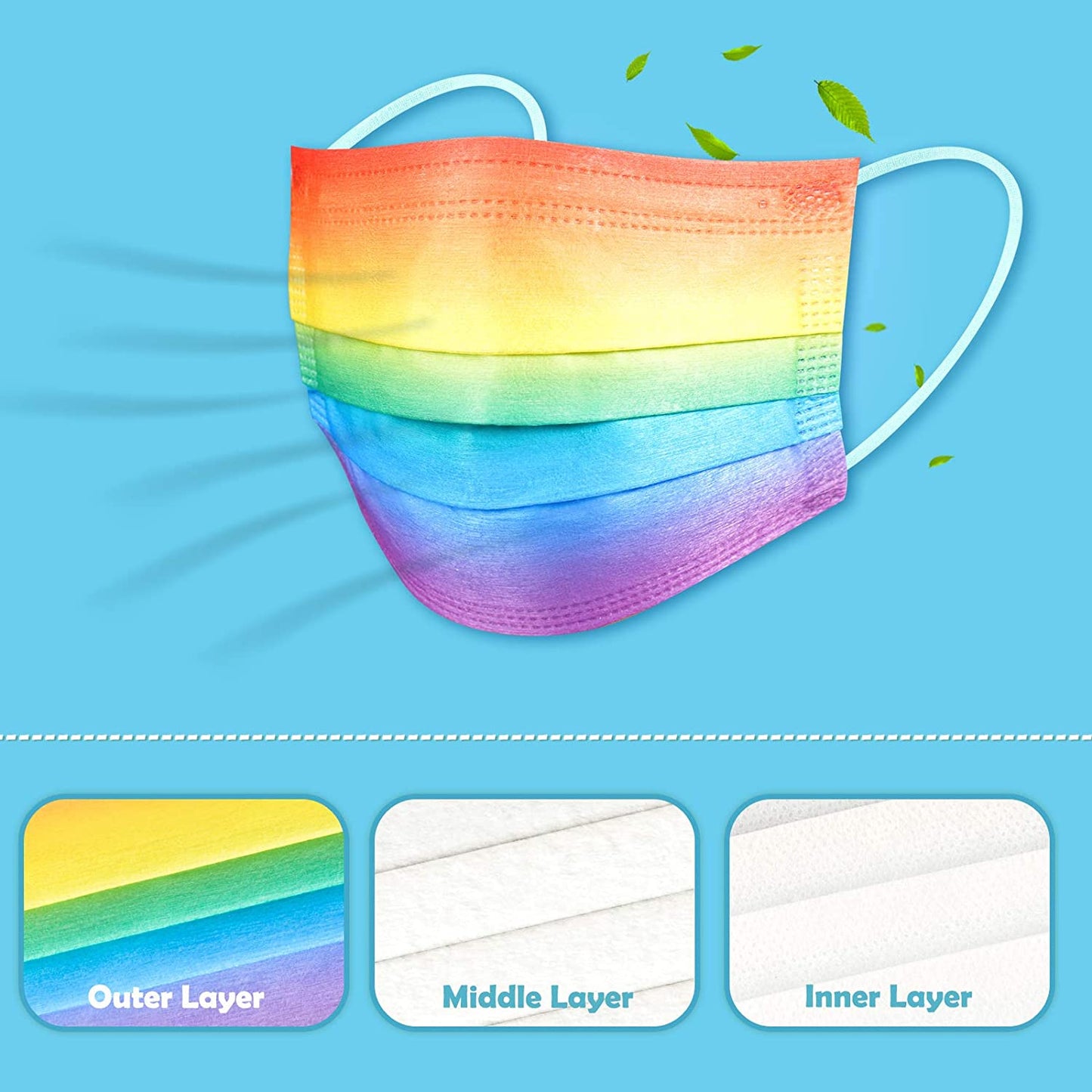 Kids 60PCS Disposable Gradient Rainbow Colors Individually Packaged 3-Layer