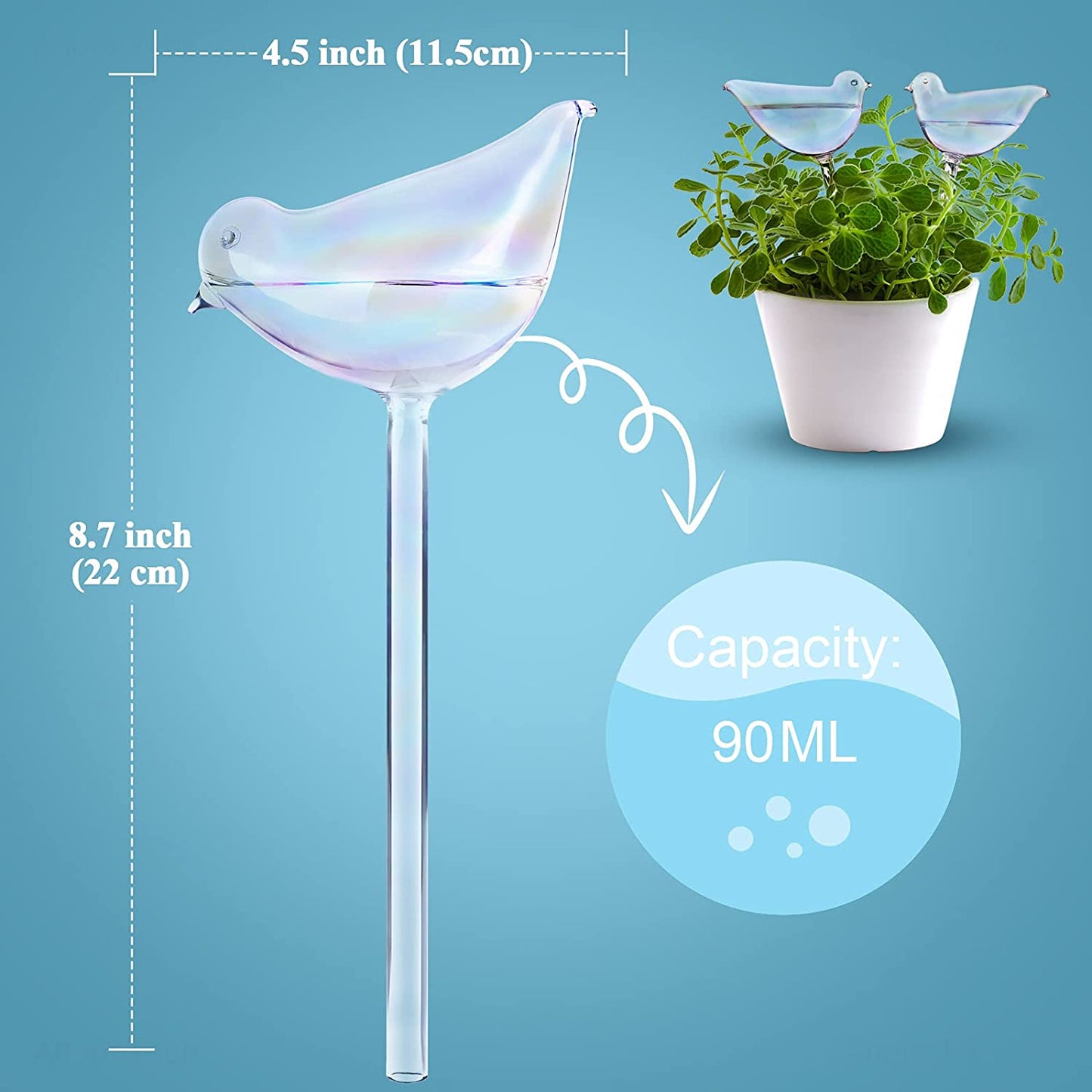 Bird Aqua Spike Plant Watering Globe 2-Pack 10" Light Gradient Glass Globes