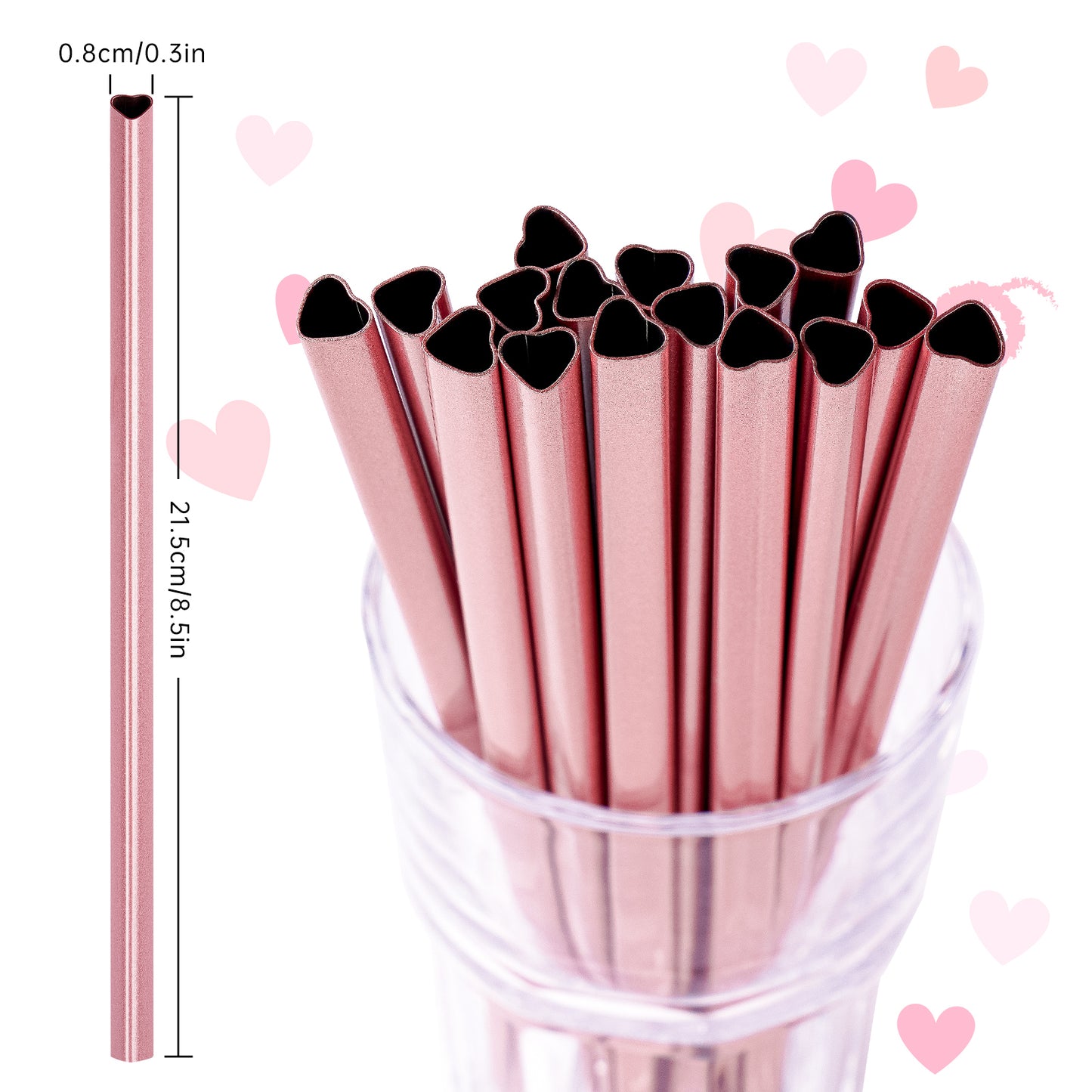 Reusable Straws 16 Pack, Stainless Steel Drinking Straws Heart Pearl Pink