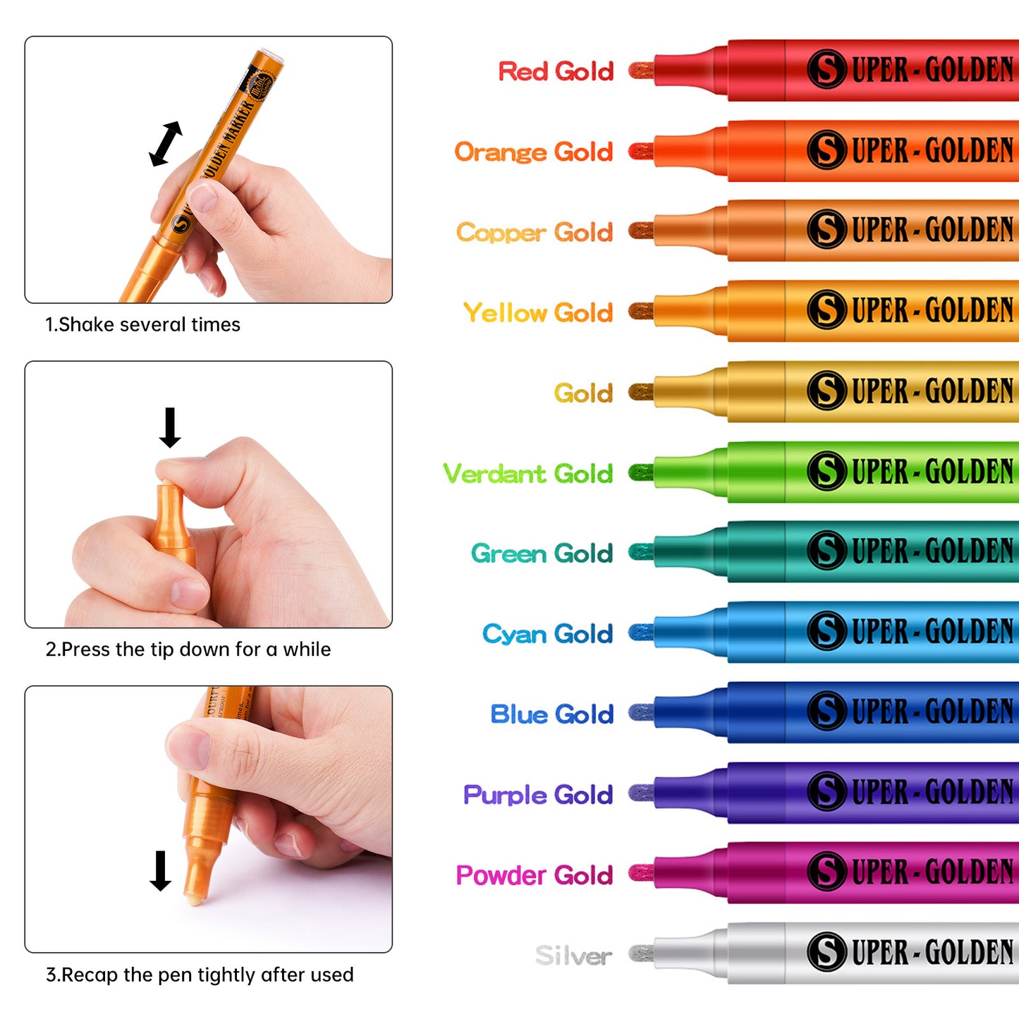 12 Colors Super Golden Metallic Effect Acrylic Paint Pen Set Water-Based Quick