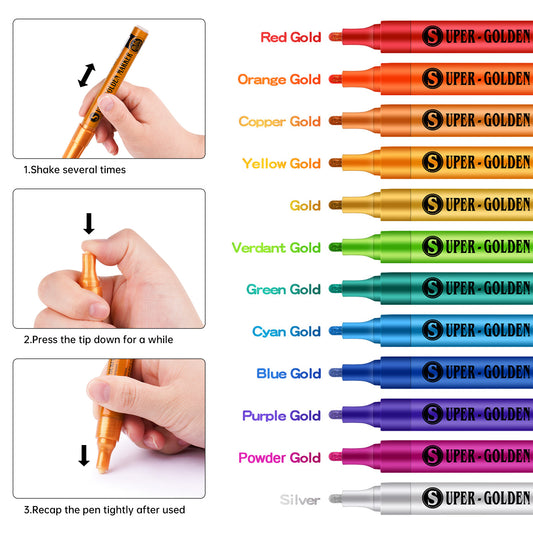 12 Colors Super Golden Metallic Effect Acrylic Paint Pen Set Water-Based Quick