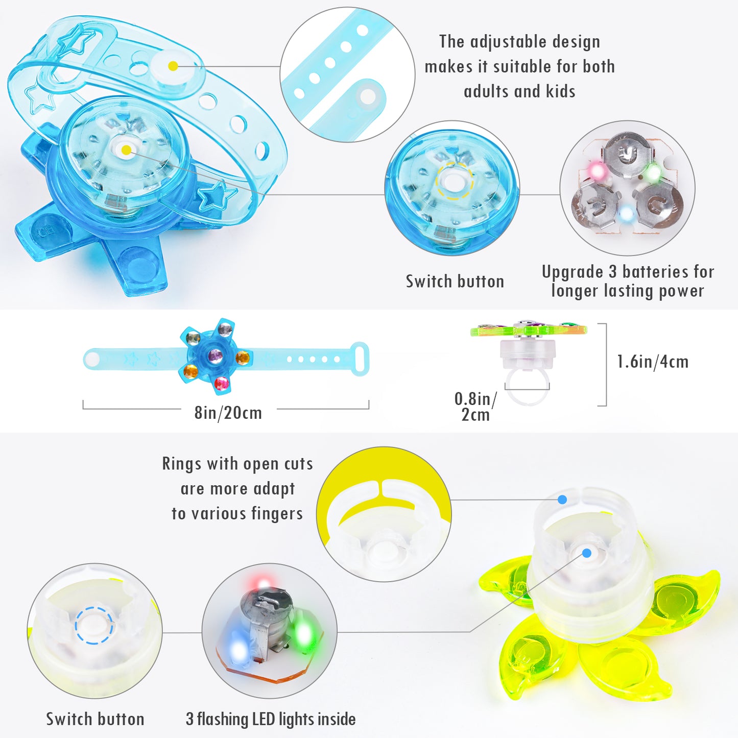 LED Light Spinner Toy Party Favor 20PCS (10 Rings+10 Bracelets) Glow In The Dark