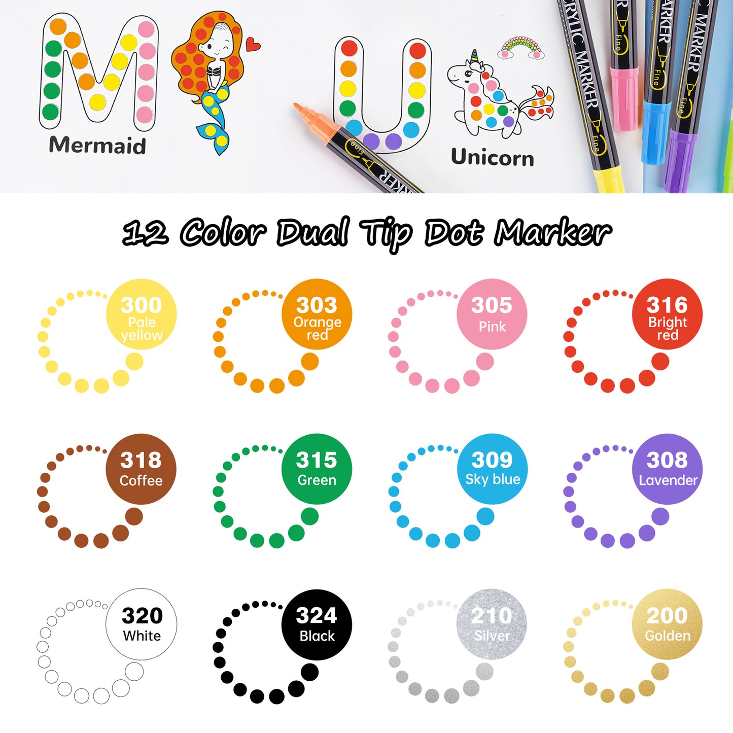 Dual Tip DOT Marker Pens, 12 Colors 1mm Fine Tip & 5mm Round DOT Tip Water-Bas