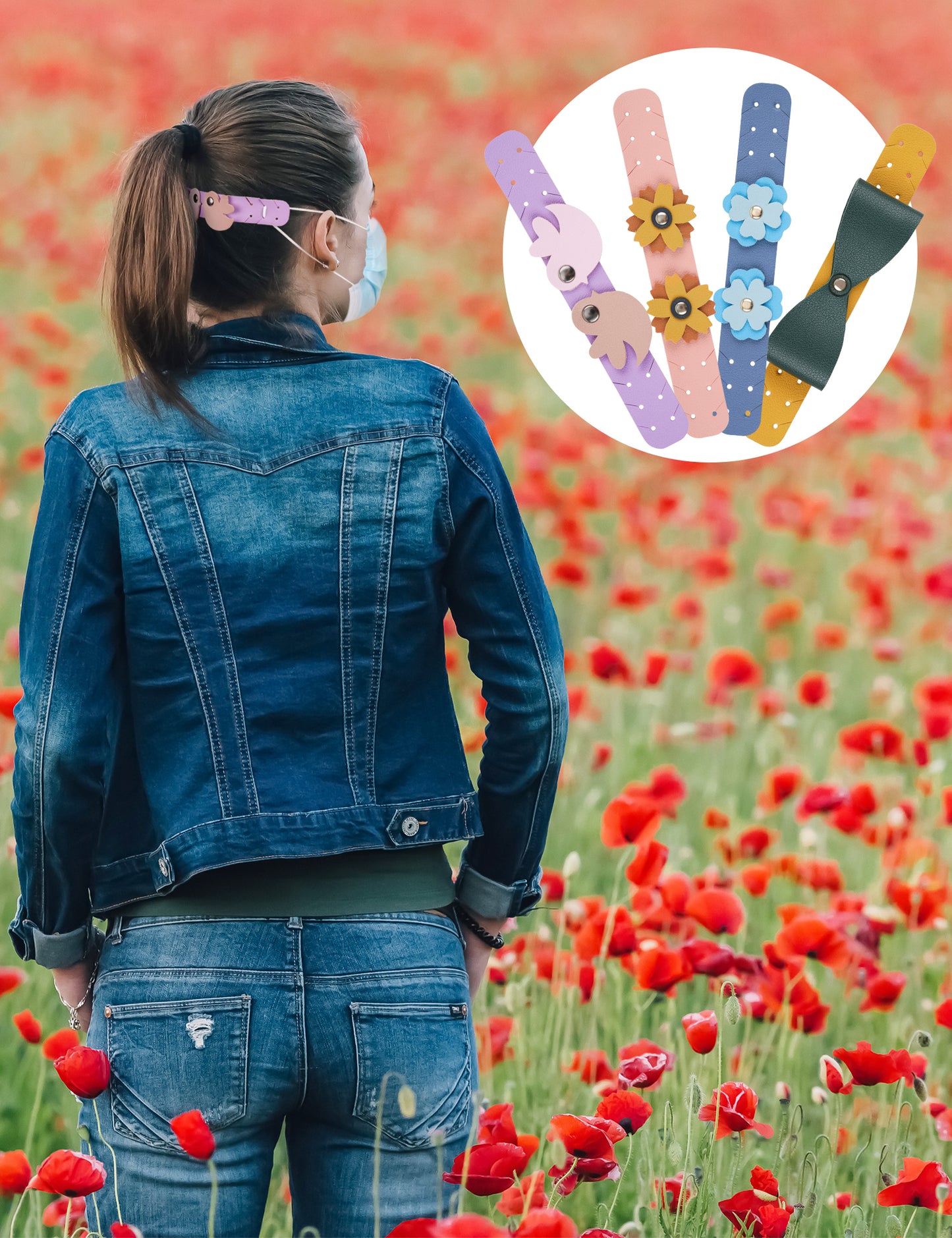 4-Pack Adjustable Ear Saver Extender Straps, 6.3?”x0.9?” PU Hooks (Mixed Desi