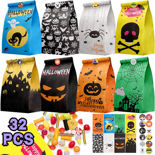 32PCS Halloween Treat Paper Bags 36PCS 1" Round Sticker Assorted Designs Holiday