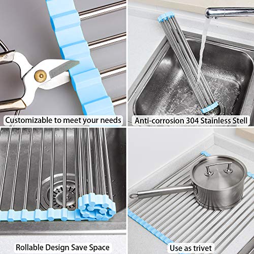 Rollable Dish Drying Rack 17x15 Roll Up Foldable Dish Racks Multipurpose (Blue)
