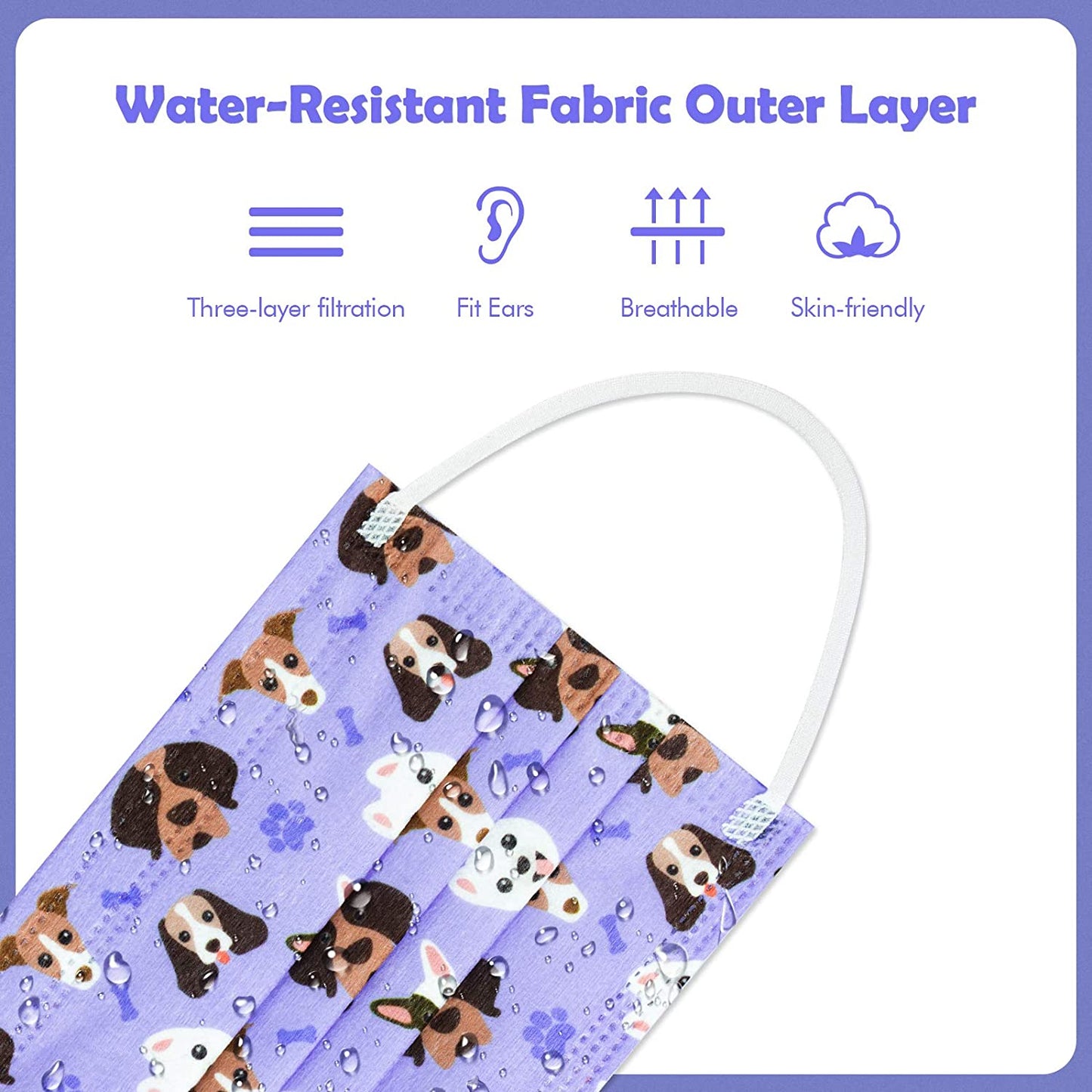 Kid Individual Packed Disposable 60PCS 3-Layer Fabric Cute Patterns Green Purple