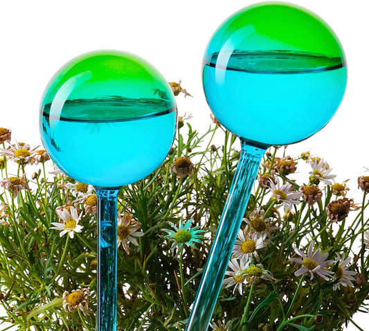 Self-Watering Globe 2PC 10" Green-Blue Iridescent Gradient Aqua Spike Glass Bulb