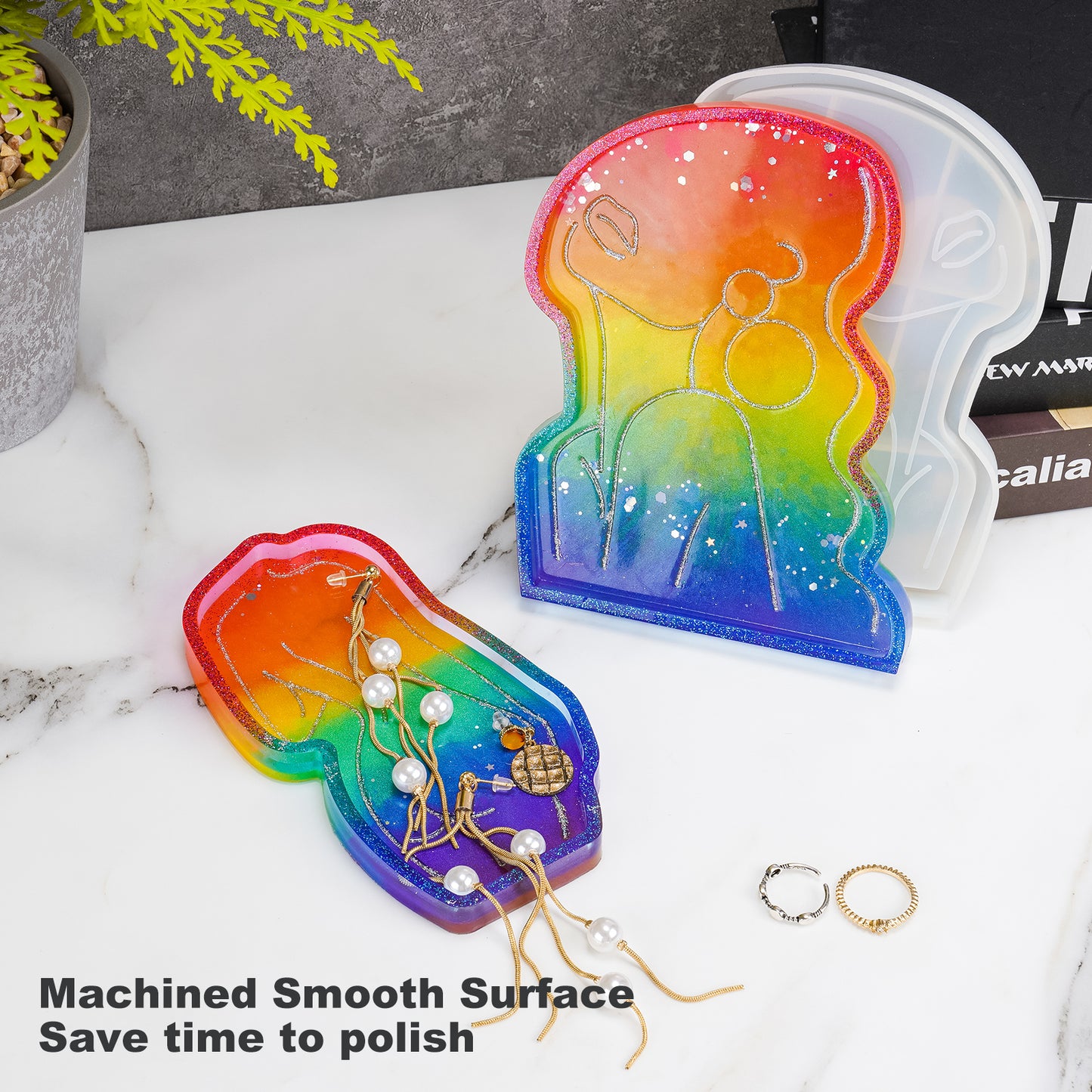 Female Model Tray 2PCS Epoxy Resin Silicone Mold Kit with Gold Glitter, Abstra
