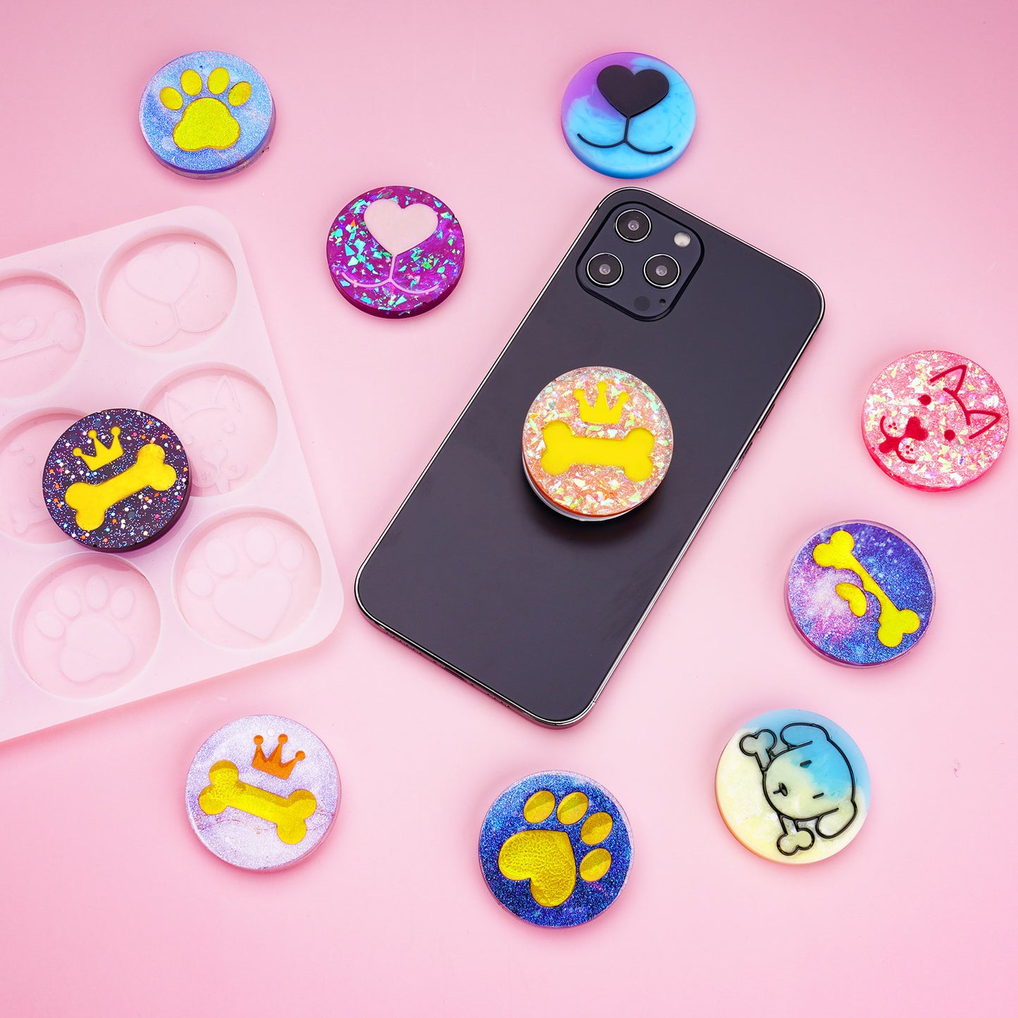 Phone Grip Holder Epoxy Resin Casting Silicone Mold Kit, 9 Round Animal Patter