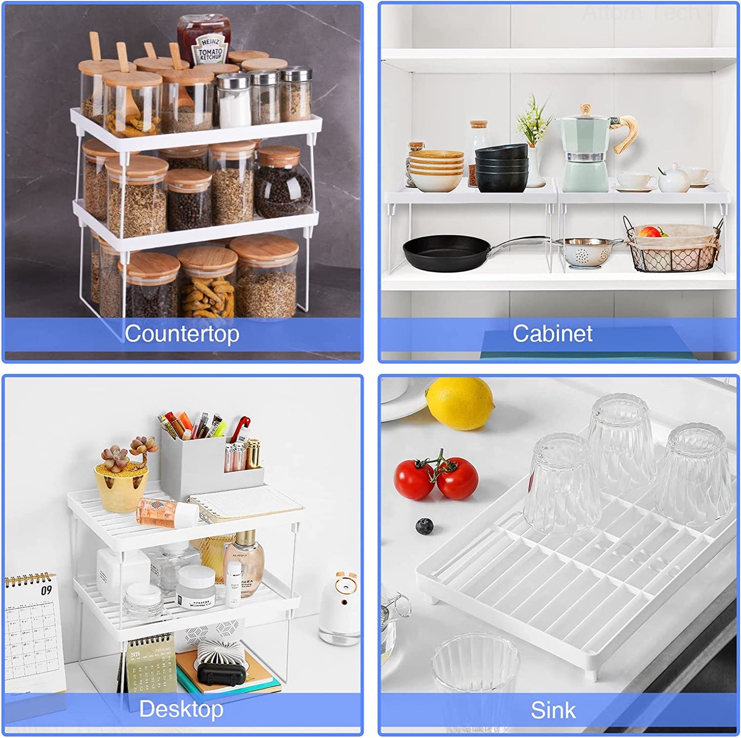 Stackable Plastic Kitchen Storage Shelf Foldable Rack 4-Pack Cabinet Organizer