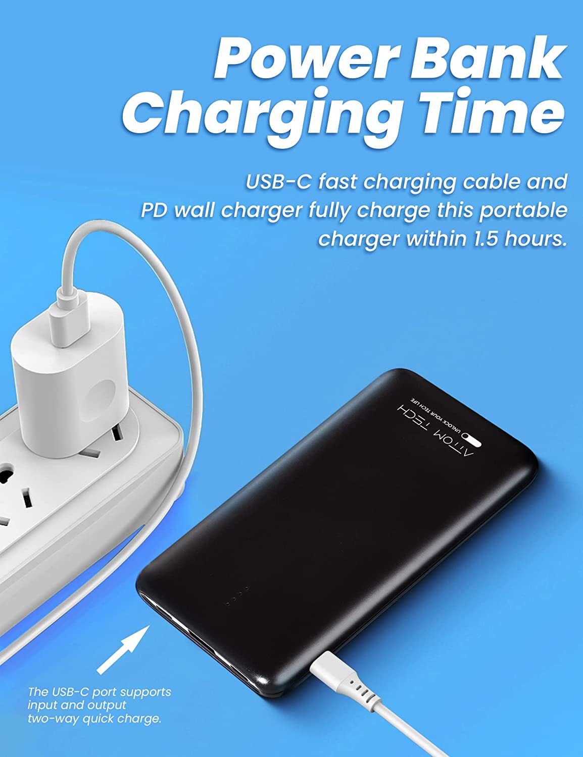 22.5W 10000mAh PD3.0 QC 3.0 Portable Battery Power Bank Type-C 2-Way High-Speed