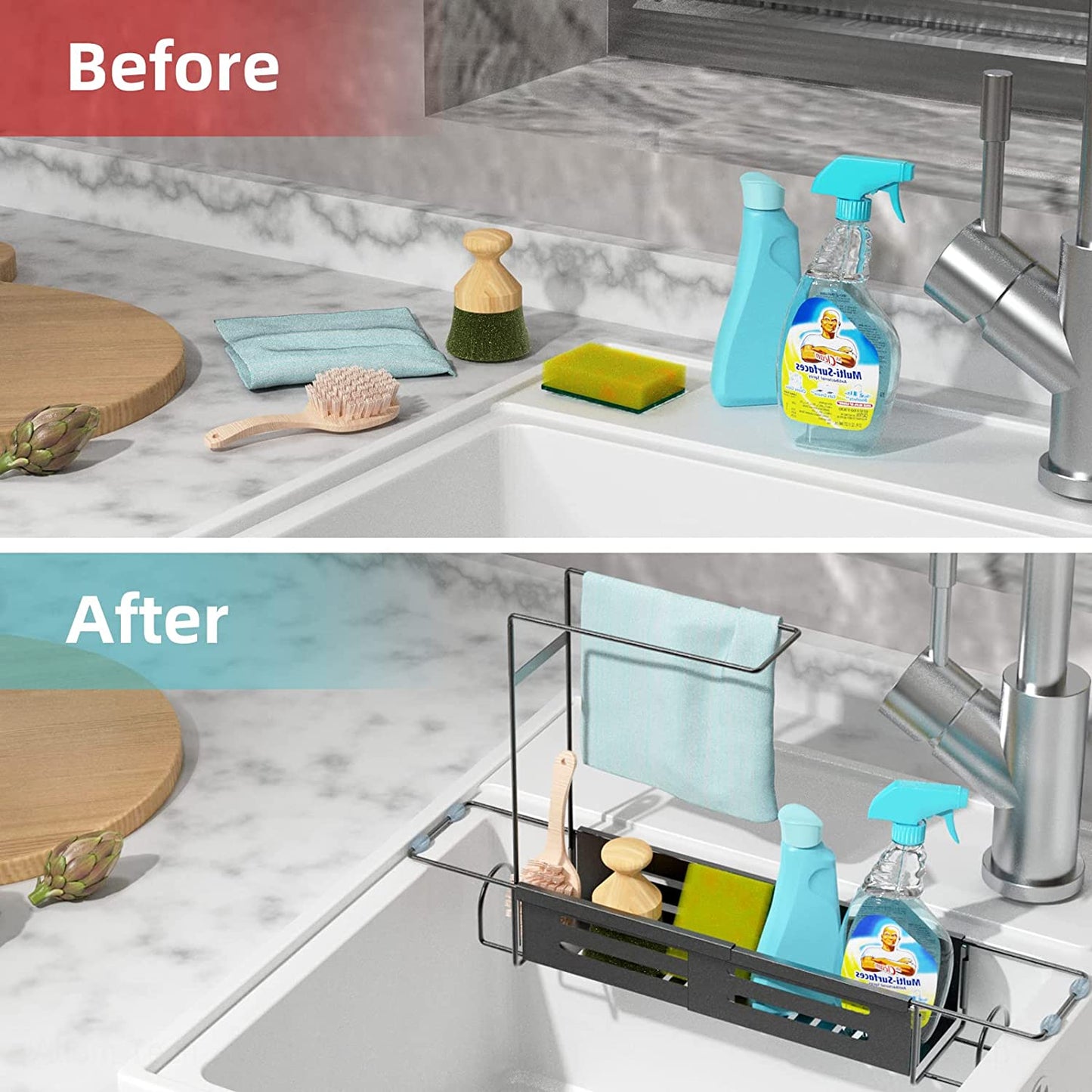 Adjustable Sink Storage Rack 2-In-1 Stainless Steel Sponge Caddy Organizer