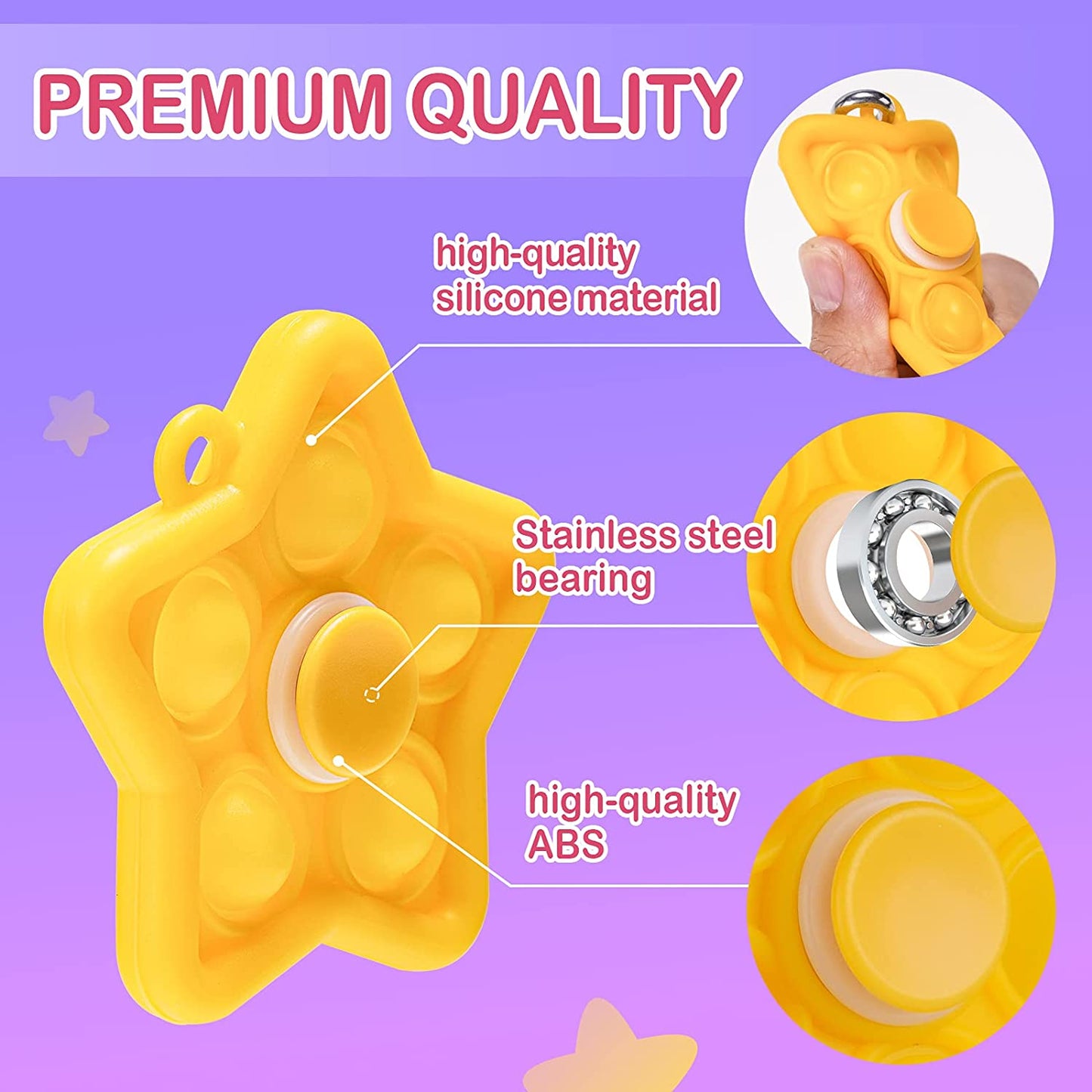 3-Pack Mini Push Bubble Fidget Keychain Pop Spinner Fidget Pack (2pcs Star Pop