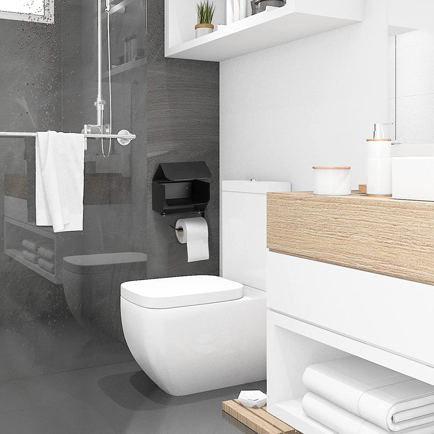 Black Toilet Paper Holder Shelf & Wipe Dispenser Wall Mount Toilet Paper Holder