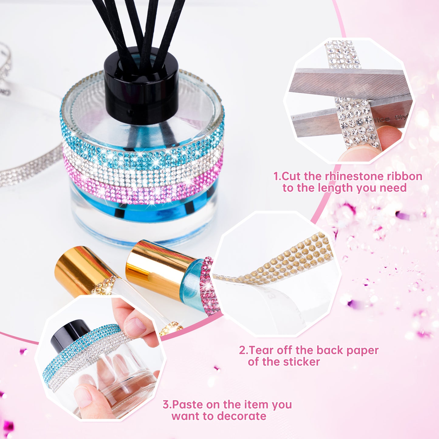 12-Pack 0.9cm Self-Adhesive Crystal Rhinestone Diamond Ribbon Roll - 12 Colors