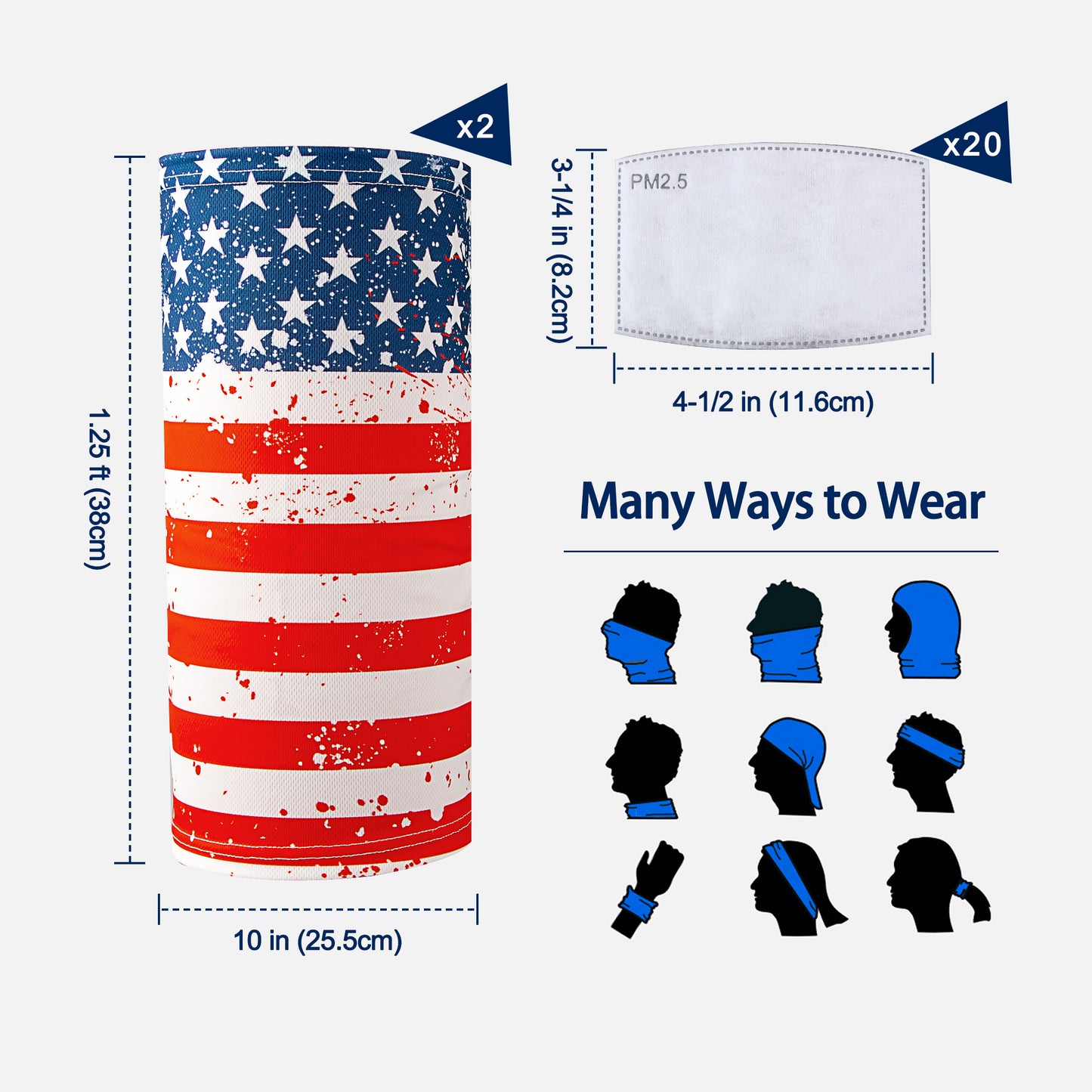 Tube Bandanas 2-Pack Neck Gaiter Protective 20PCS PM2.5 Carbon Filters Included