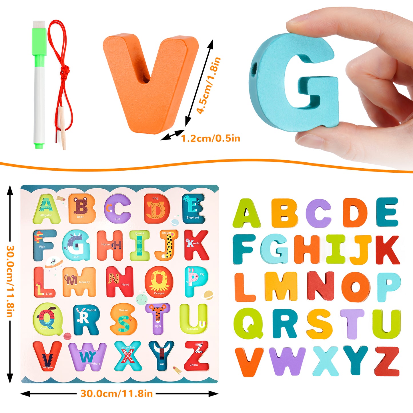 3-In-1 Wooden Alphabet Letter Block Learning Puzzle Whiteboard Lacing Toy