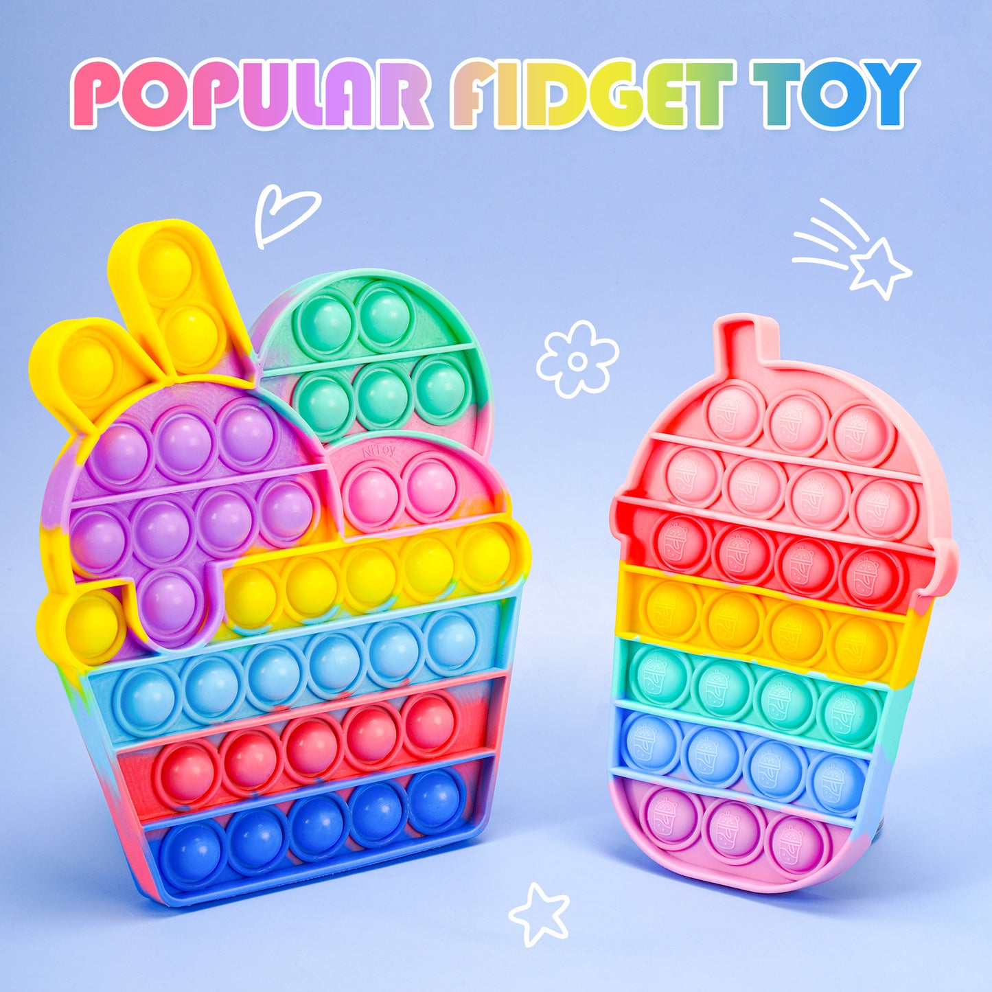 2-Pack Push Pop Bubble Silicone Fidget Sensory Toys, Large Size Multicolor Des