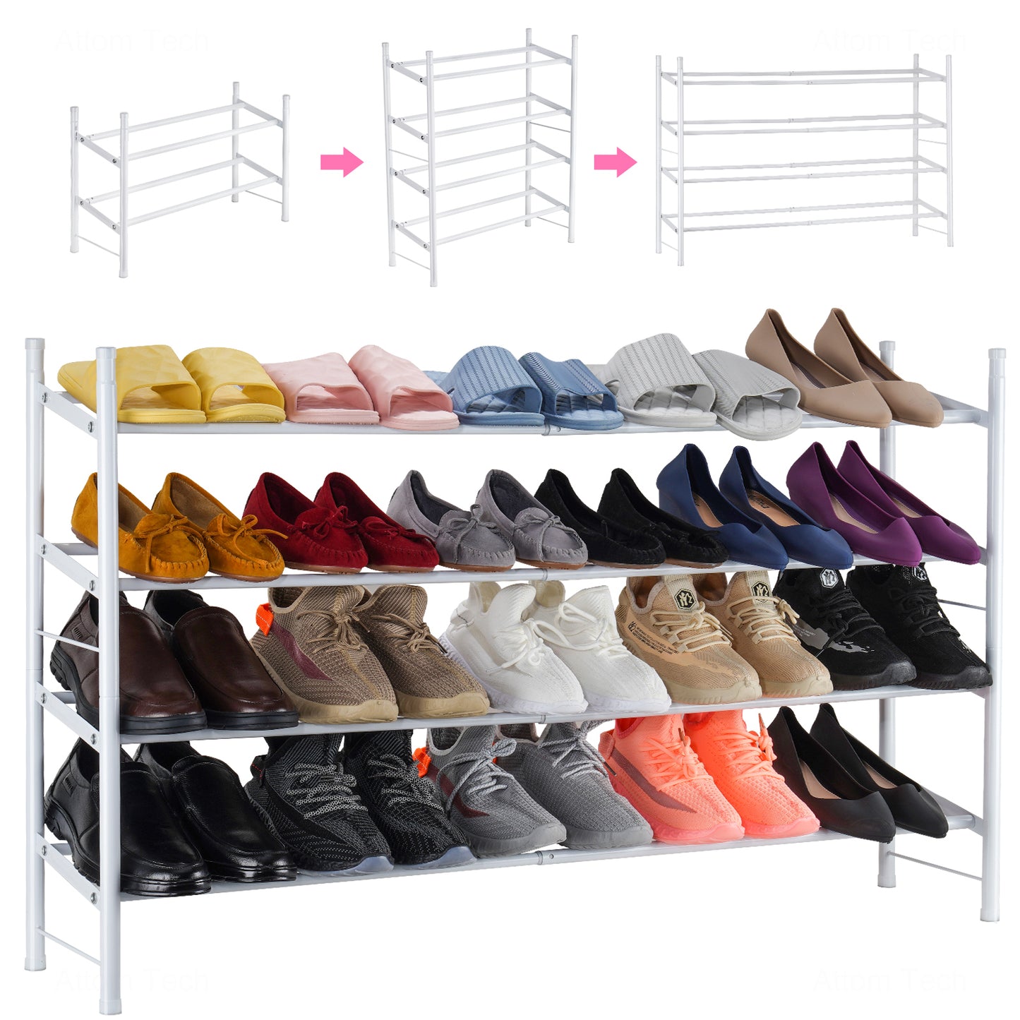 4-Tier Extendable Shoe Rack Lightweight Stretchable 12-24 Pairs Medium Metal O