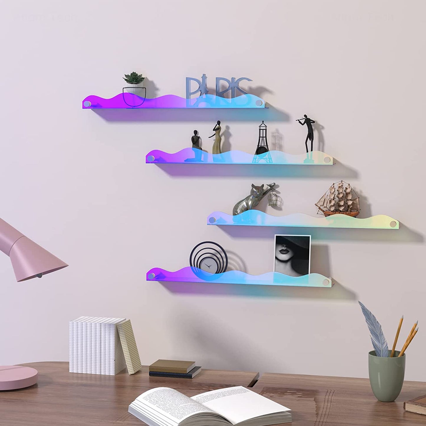Iridescent Acrylic Wall Mounted Floating Shelf Nail Polish Organizer 6PCS 15"x2"