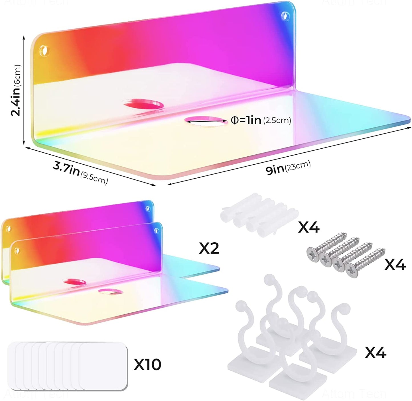Iridescent Floating Shelves Cable Clips 2PCS Small Wall Mounted Acrylic Display