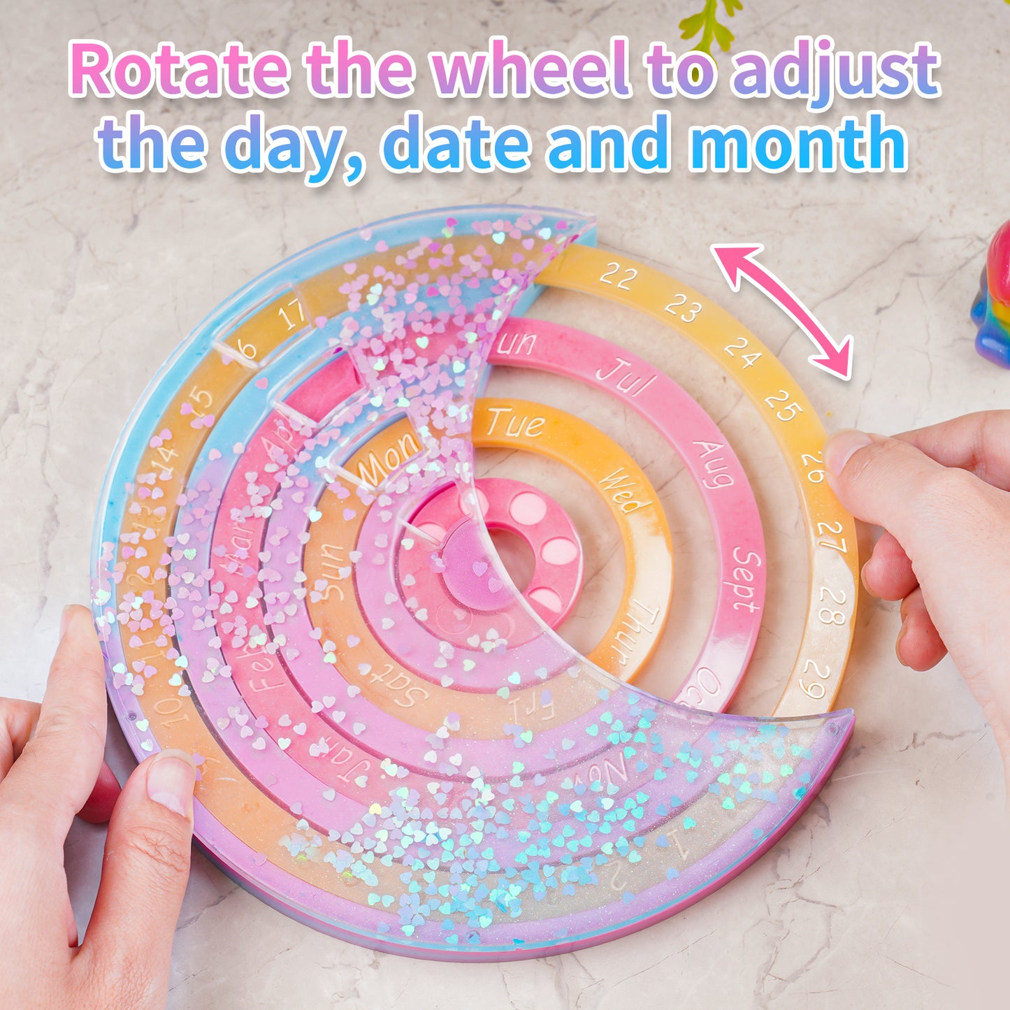 8" Rotatable Perpetual Lunar Calendar Epoxy Resin Silicone Mold Silver Glitter