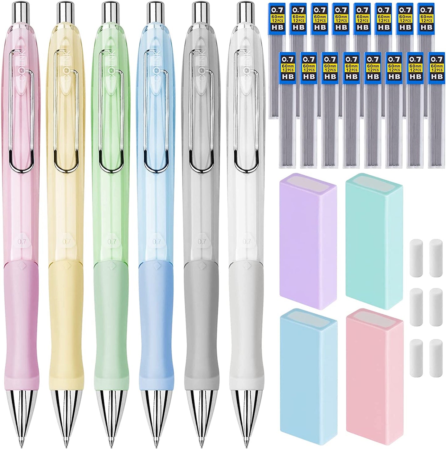 Mechanical Pencil 0.7mm 6PCS+16 Lead Refill+4 Eraser+6 Cap Erasers School Office