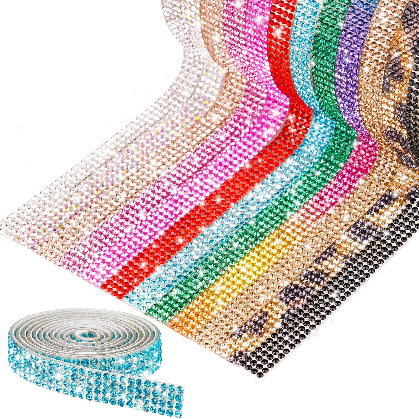 12-Pack 0.9cm Self-Adhesive Crystal Rhinestone Diamond Ribbon Roll - 12 Colors
